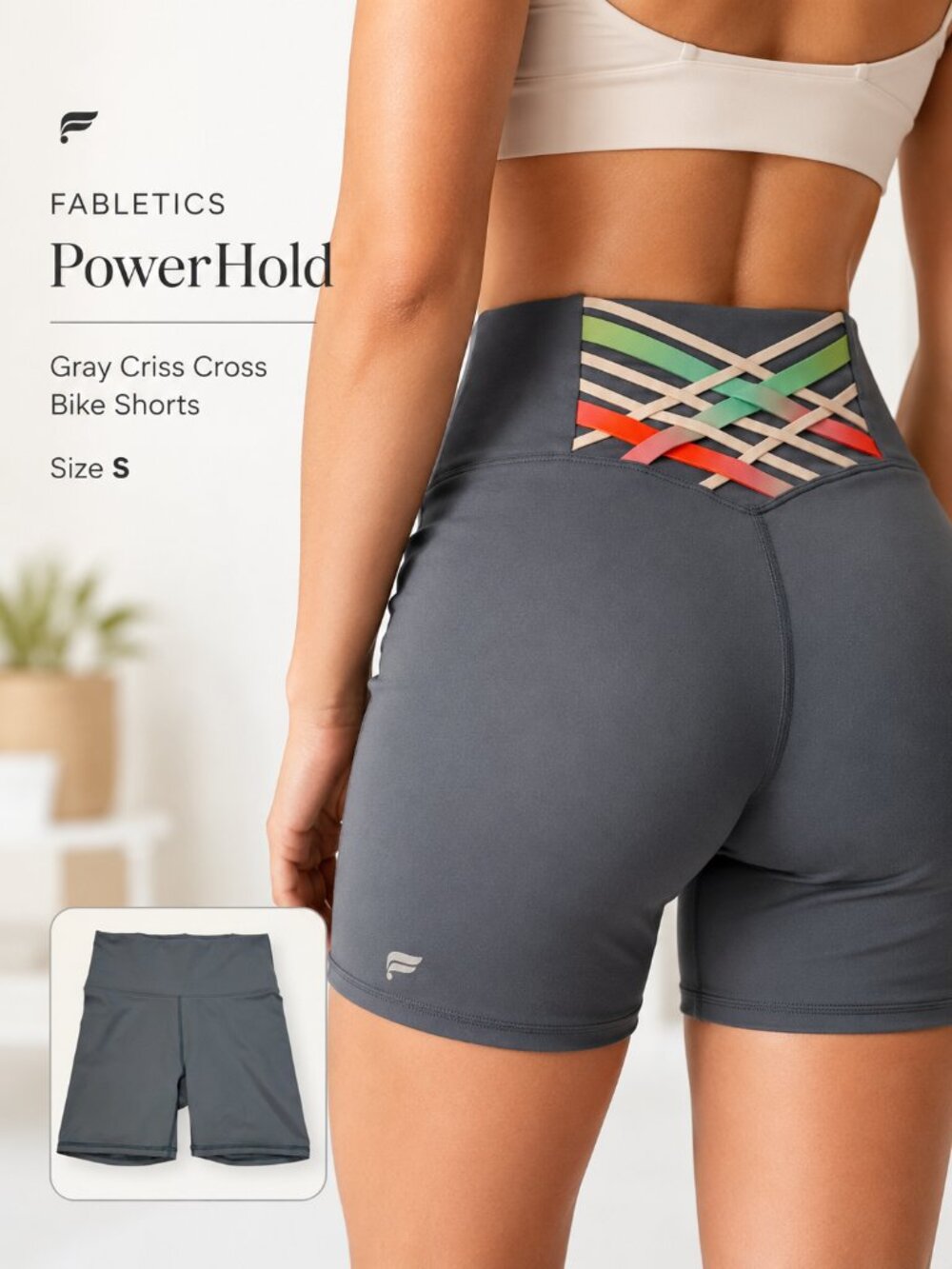 Fabletics PowerHold Gray Criss Cross High Waisted Bike Shorts Size S